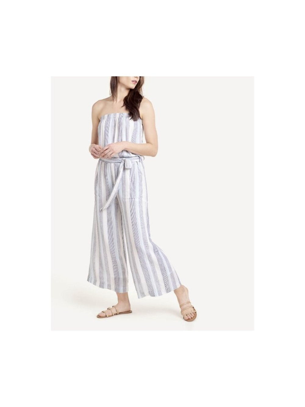 Splendid Linen Belted Wide Leg Jumpsuit Gray Blue Striped print Size L MSRP $188